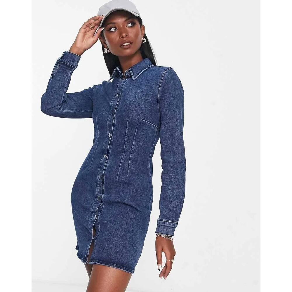 ASOS DESIGN Denim Shirt Dress Mid Blue Button Front Women’s Size 8